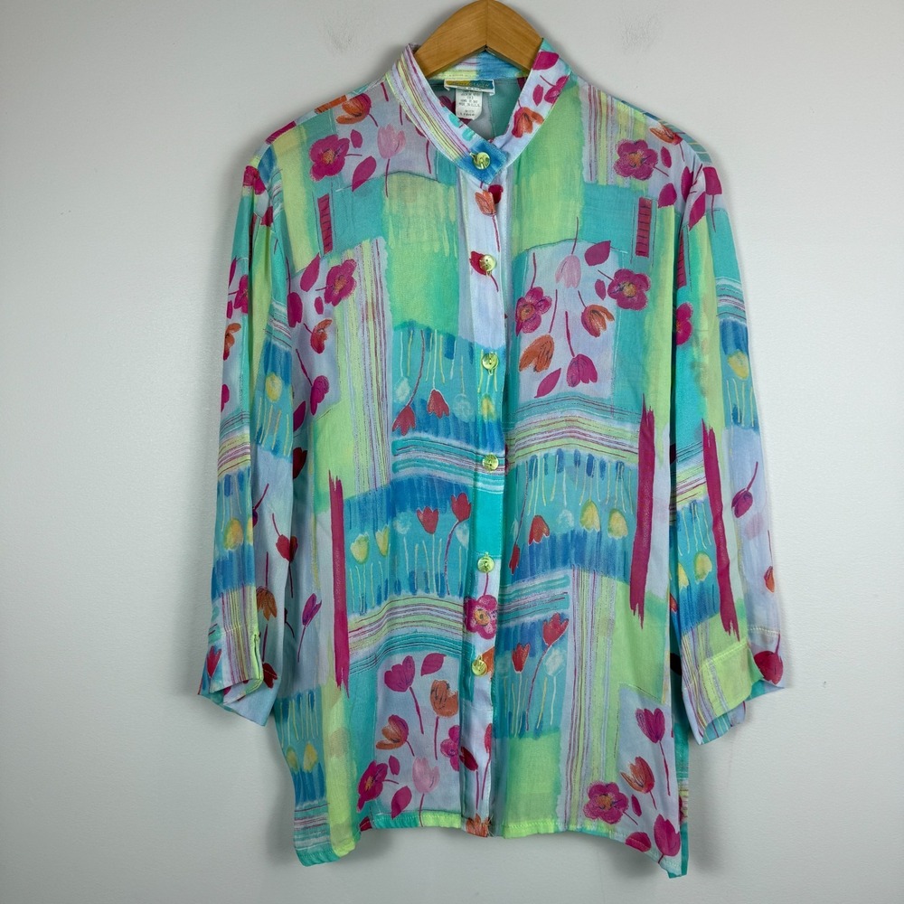 Vtg Sea Sun Shirt Women L Multi Color Floral Button Front Colorful Vibrant Retro